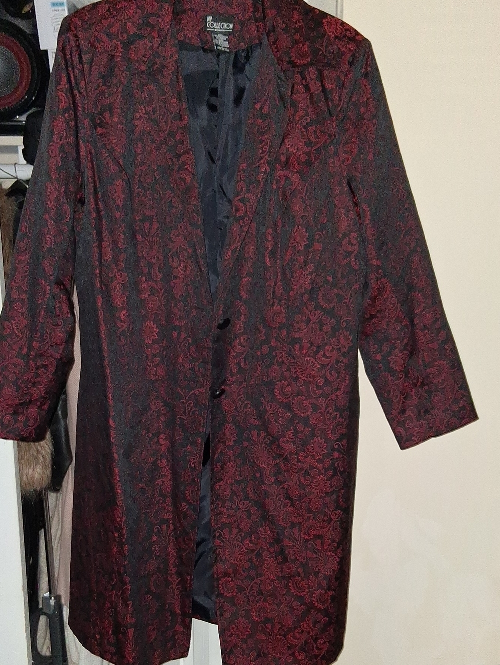 NY Collection Black and Burgundy Paisley Pea Coat